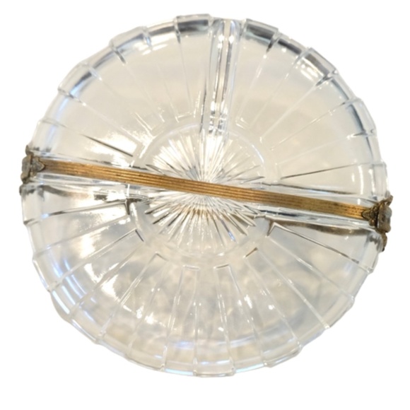 VINTAGE DEPRESSION GLASS~ORNATE BRASS BANDED ~THREE COMPARTMENT RELISH DISH~6.4" - Picture 5 of 8